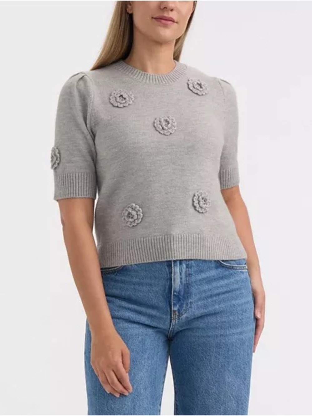 NWT Ellen Tracy Light Gray Short Sleeve Crewneck Sweater with Floral Crochet XS
